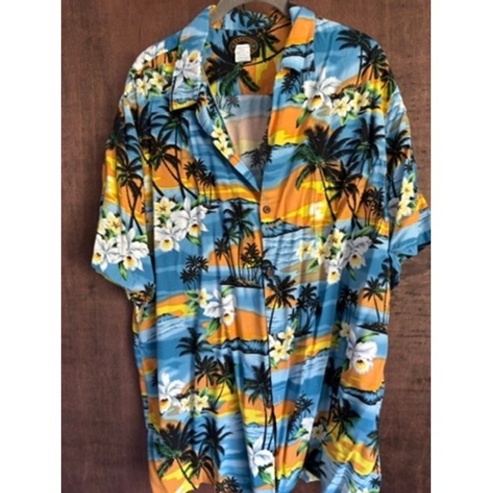 Hawaiian Reserve Collection Mens Large Rayon Palm Tree Sunset Floral Shirt L